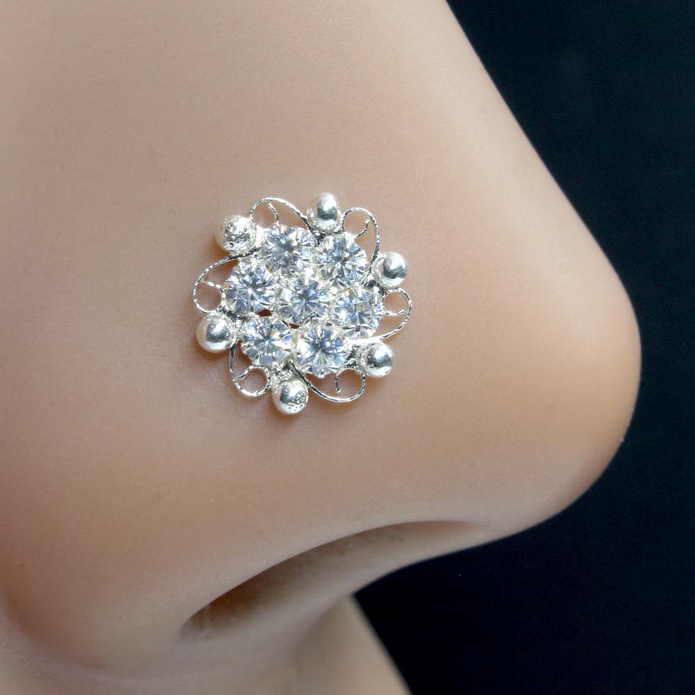 Floral Real Sterling Silver White CZ Women Nose Stud Push Pin