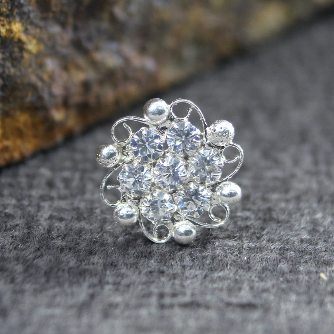 Floral Real Sterling Silver White CZ Women Nose Stud Push Pin