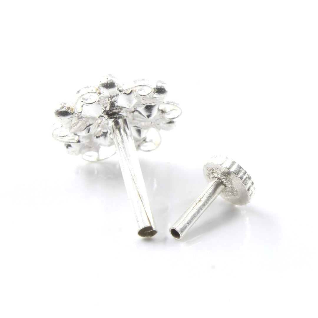 Floral Real Sterling Silver White CZ Women Nose Stud Push Pin