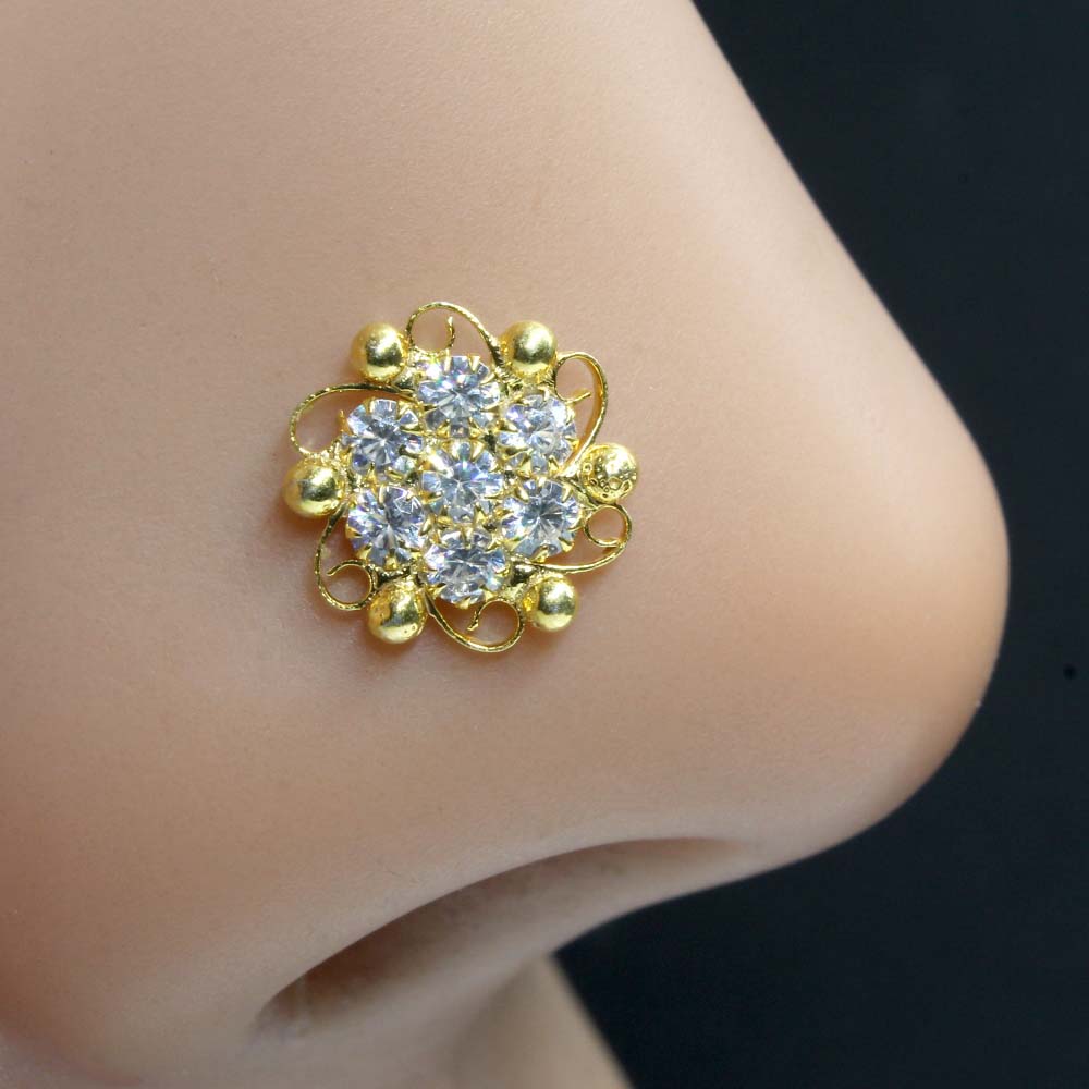 Floral Real Sterling Silver White CZ Women Nose Stud Push Pin