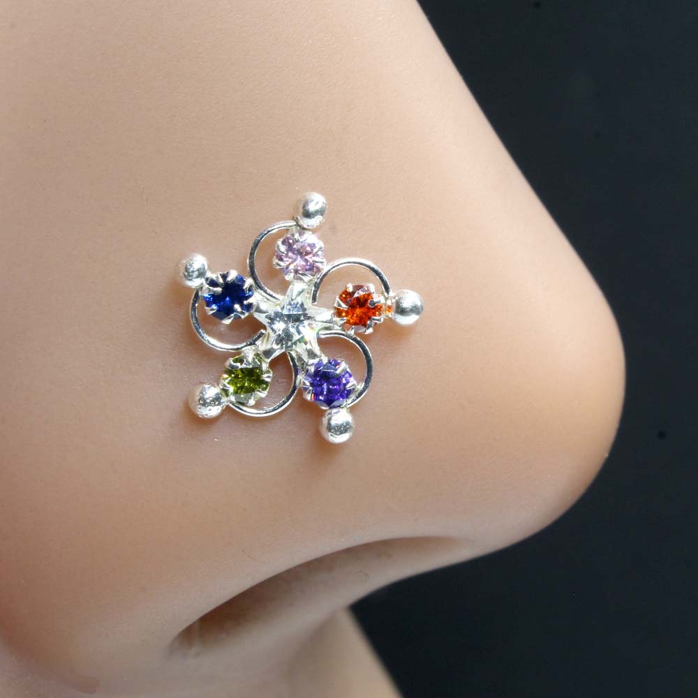 Real Sterling Silver Multi CZ Women Nose Stud Push Pin