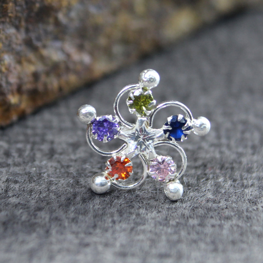 Real Sterling Silver Multi CZ Women Nose Stud Push Pin