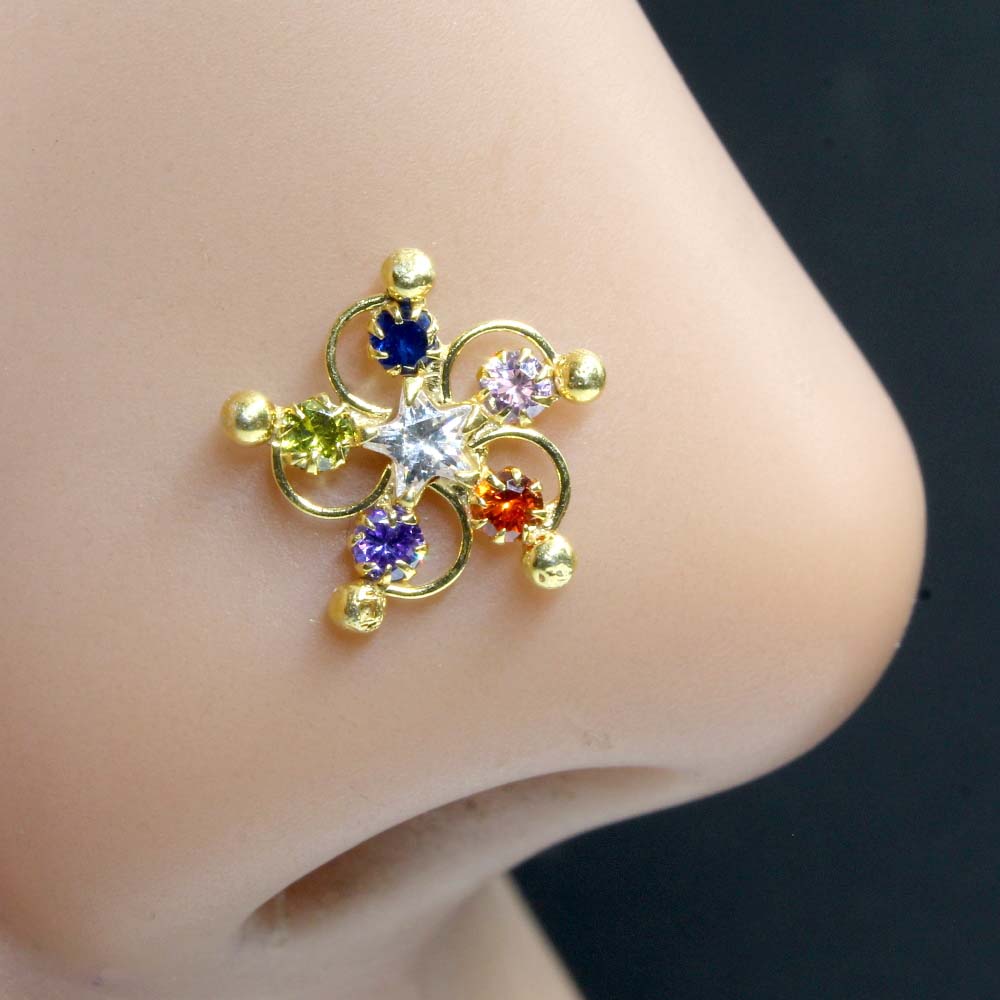 Real Sterling Silver Multi CZ Women Nose Stud Push Pin