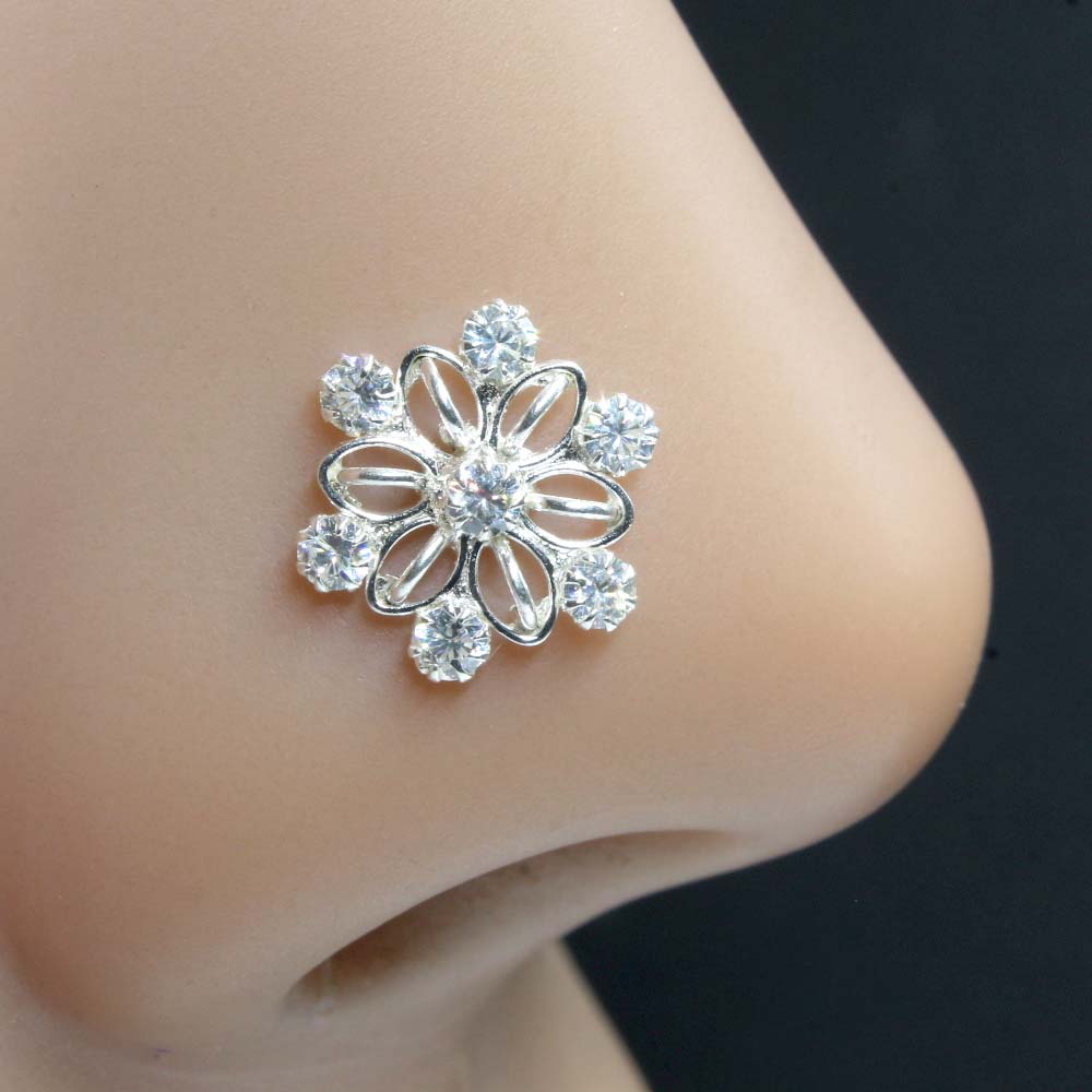 Real Sterling Silver White CZ Indian Women Nose Stud Push Pin