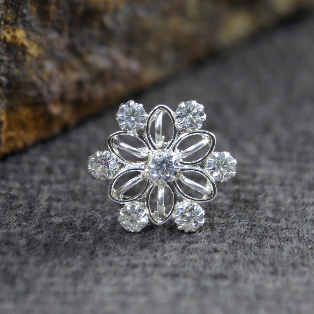 Real Sterling Silver White CZ Indian Women Nose Stud Push Pin