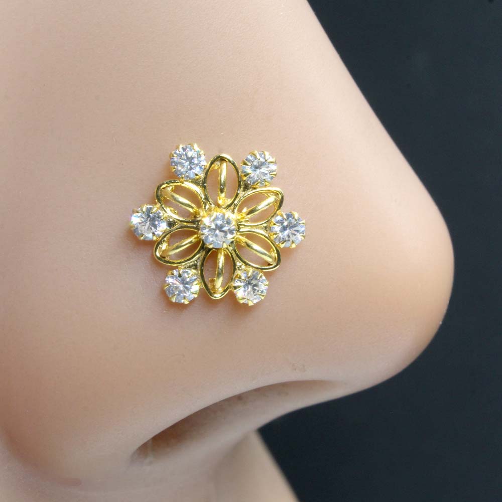 Real Sterling Silver White CZ Indian Women Nose Stud Push Pin