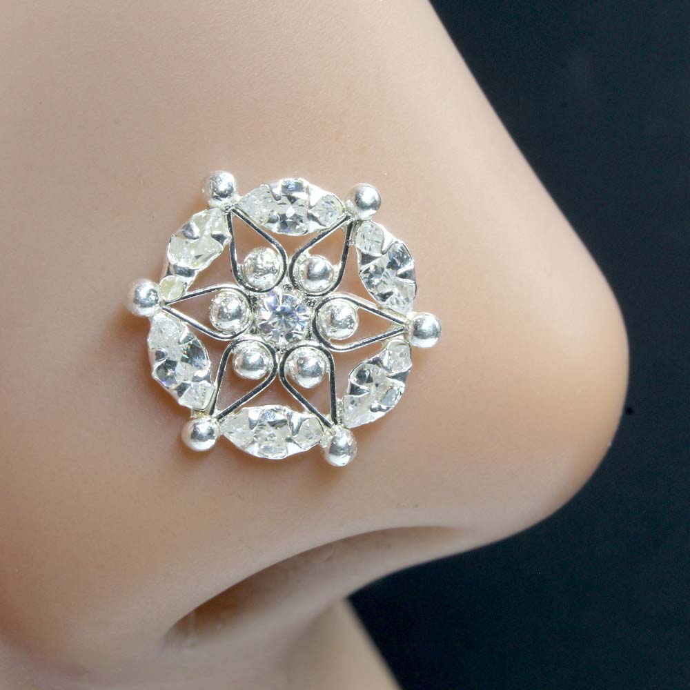 Real Sterling Silver White CZ Indian Women Star Nose Stud Push Pin