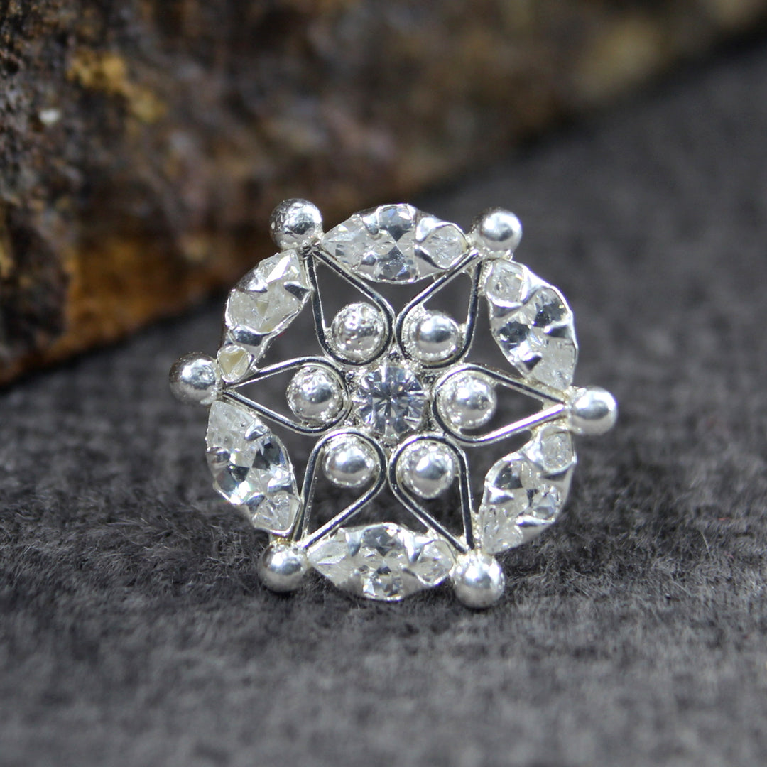 Real Sterling Silver White CZ Indian Women Star Nose Stud Push Pin