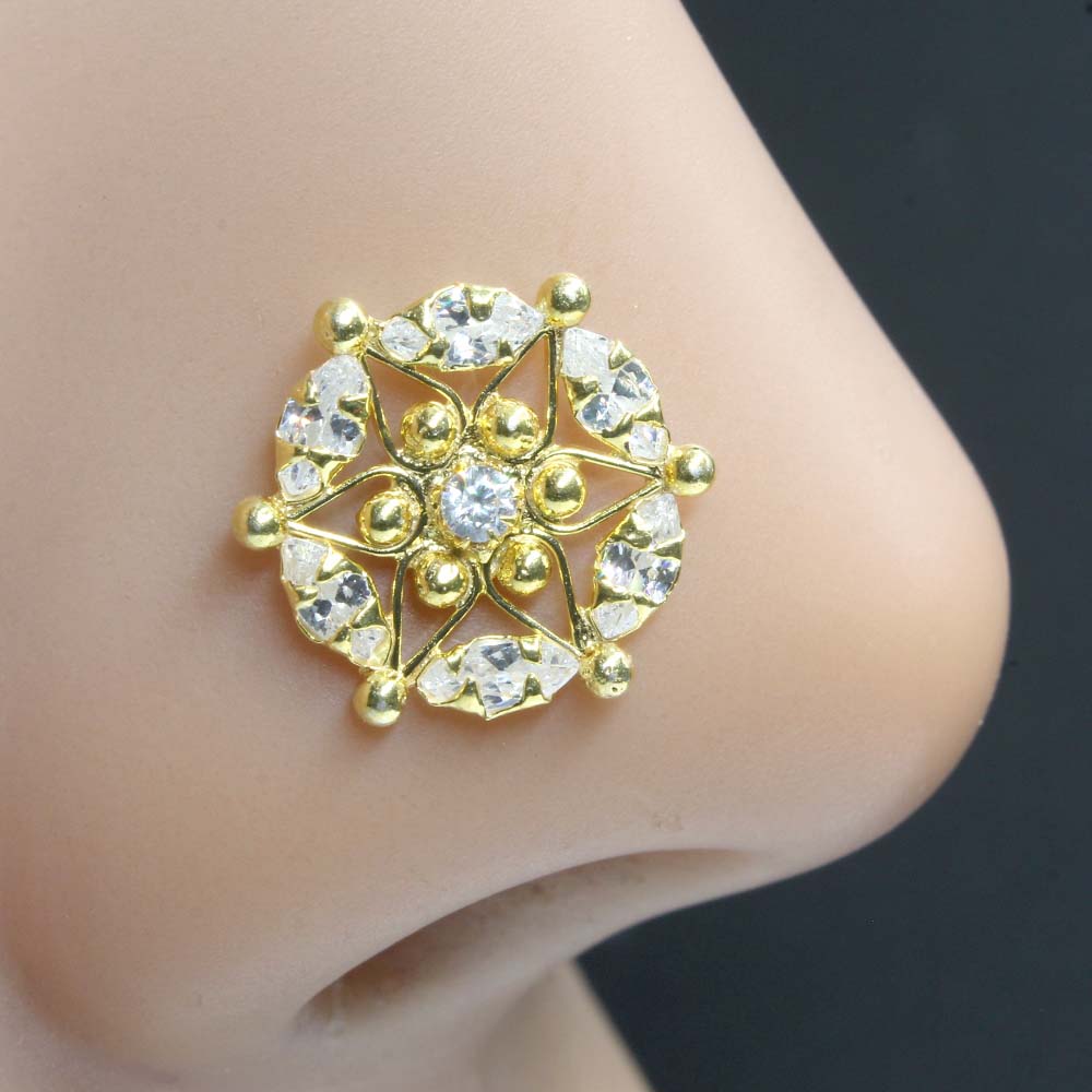 Real Sterling Silver White CZ Indian Women Star Nose Stud Push Pin