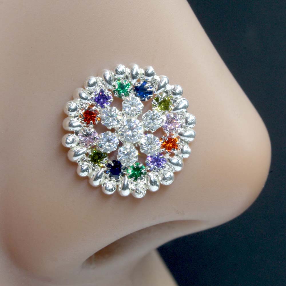 Wheel Style Real Sterling Silver Multi CZ Women Nose Stud Push Pin