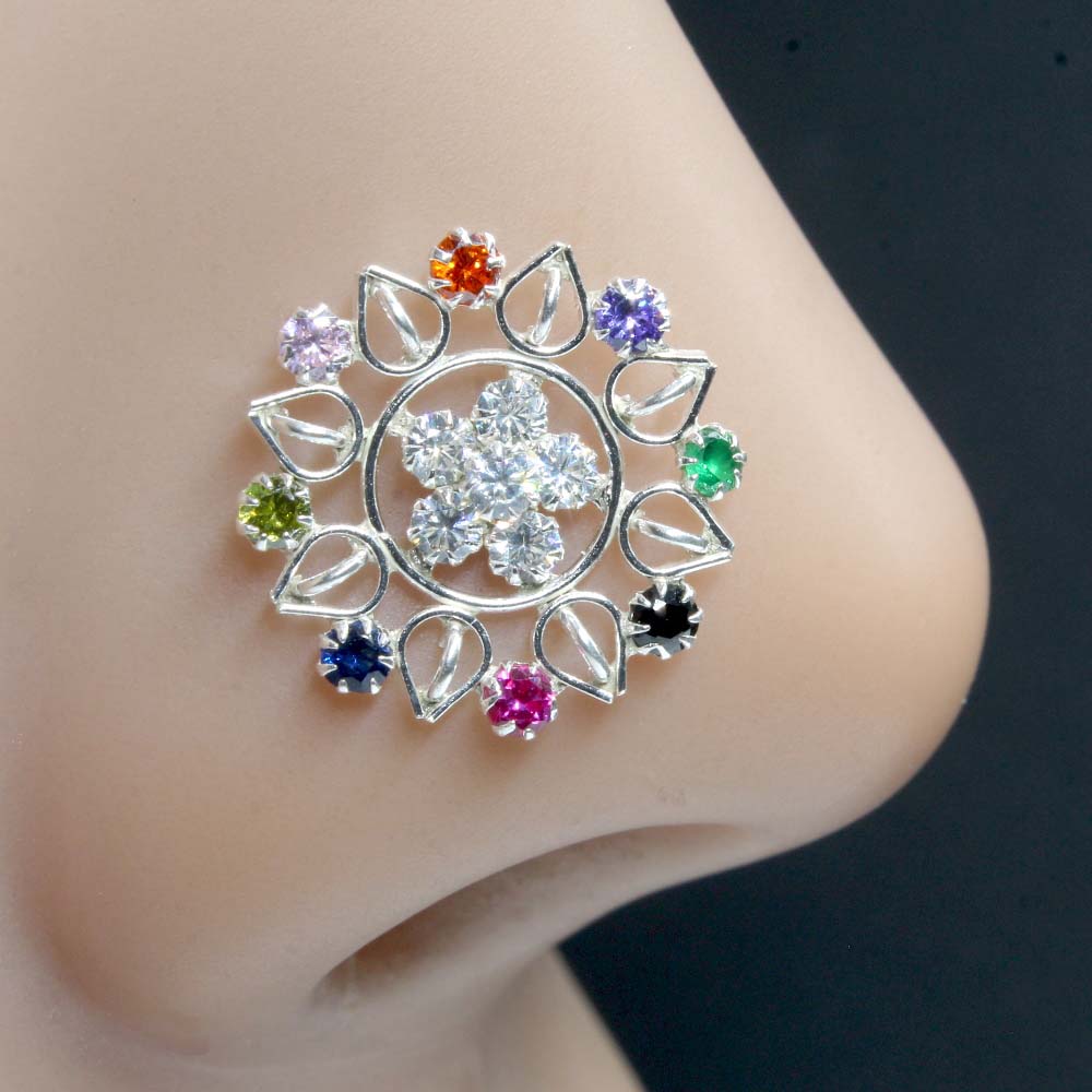 Cute Statement Real Sterling Silver Multi CZ Women Nose Stud Push Pin