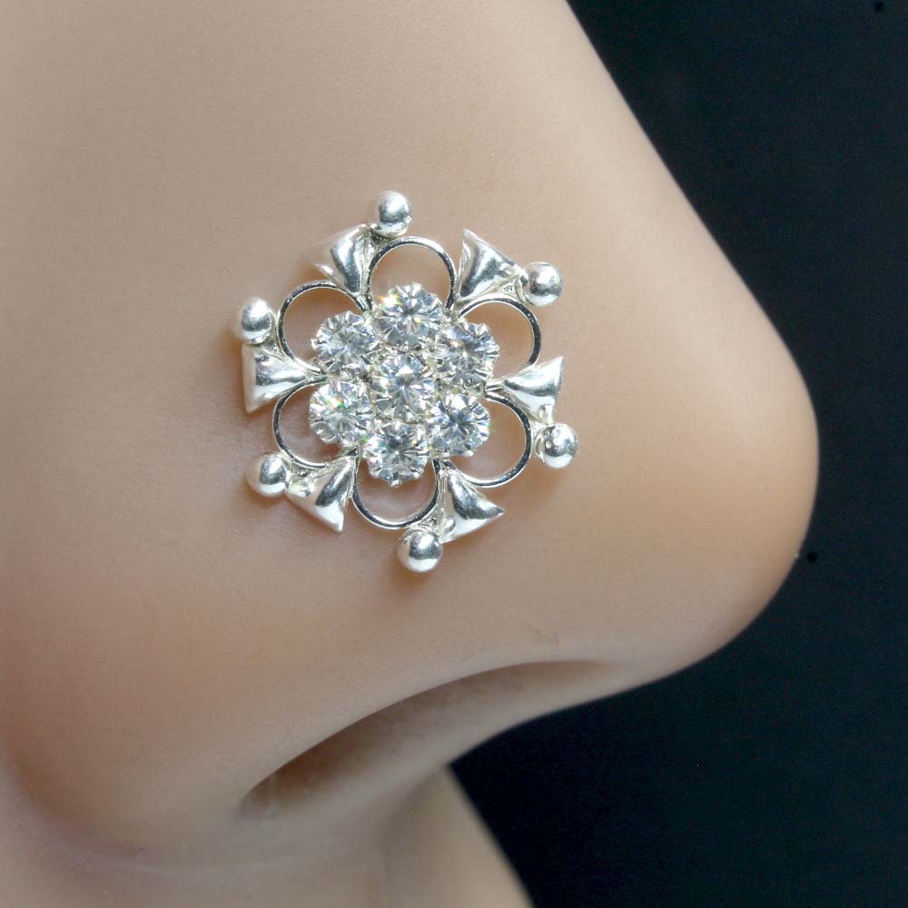 Traditional Real Sterling Silver White CZ Women Nose Stud Push Pin