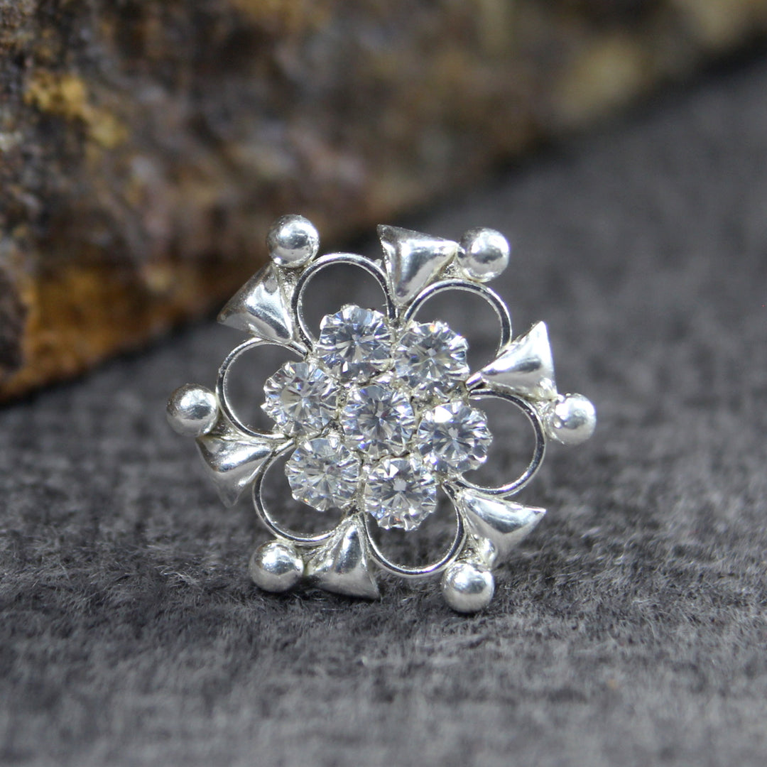 Traditional Real Sterling Silver White CZ Women Nose Stud Push Pin