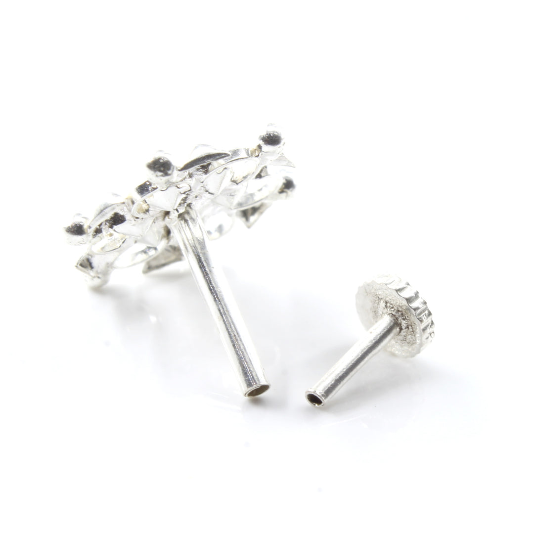 Traditional Real Sterling Silver White CZ Women Nose Stud Push Pin