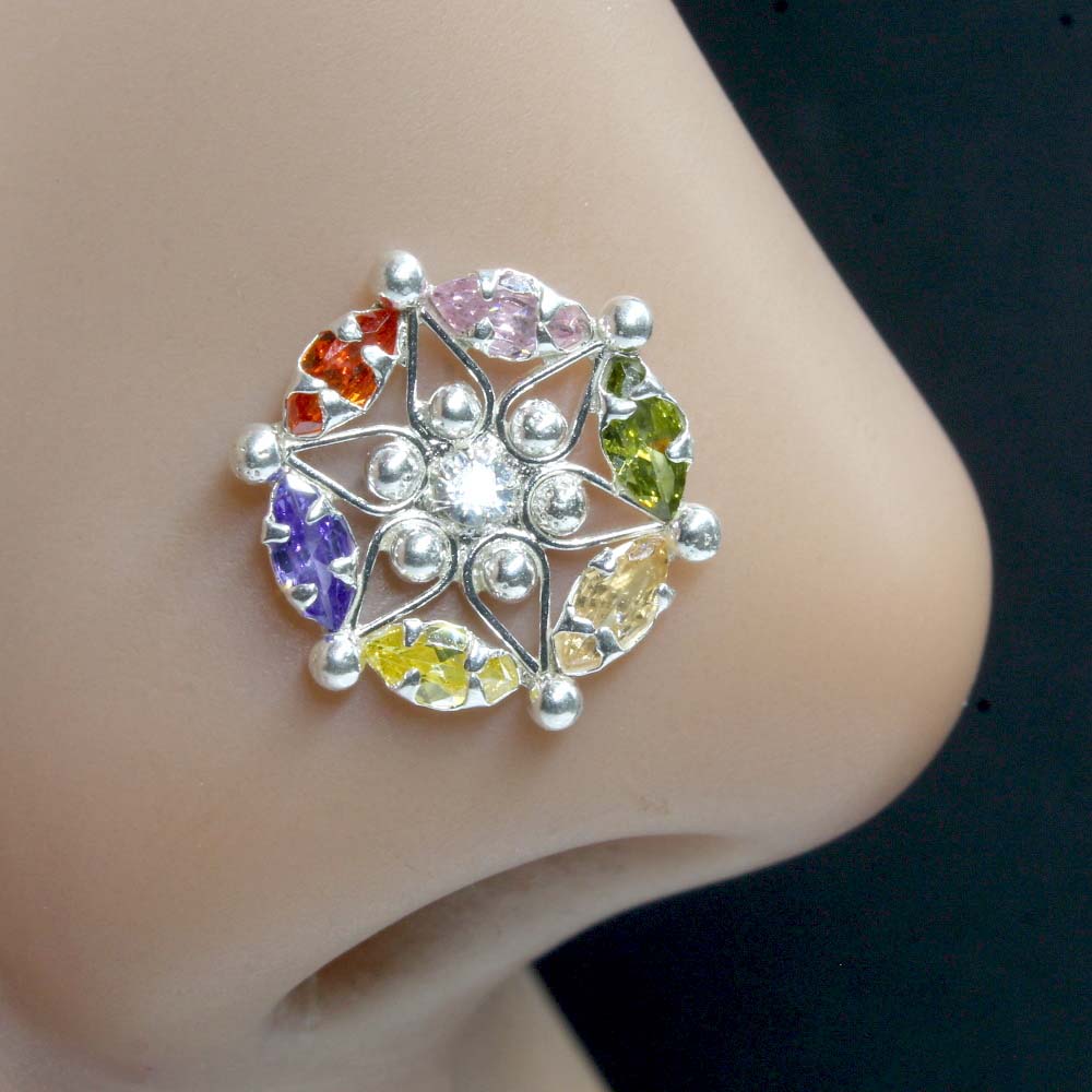 Ethnic Style Real Sterling Silver Multi CZ Women Nose Stud Push Pin