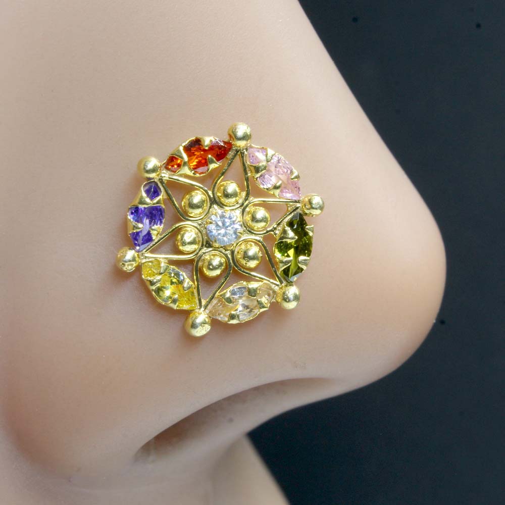 Ethnic Style Real Sterling Silver Multi CZ Women Nose Stud Push Pin