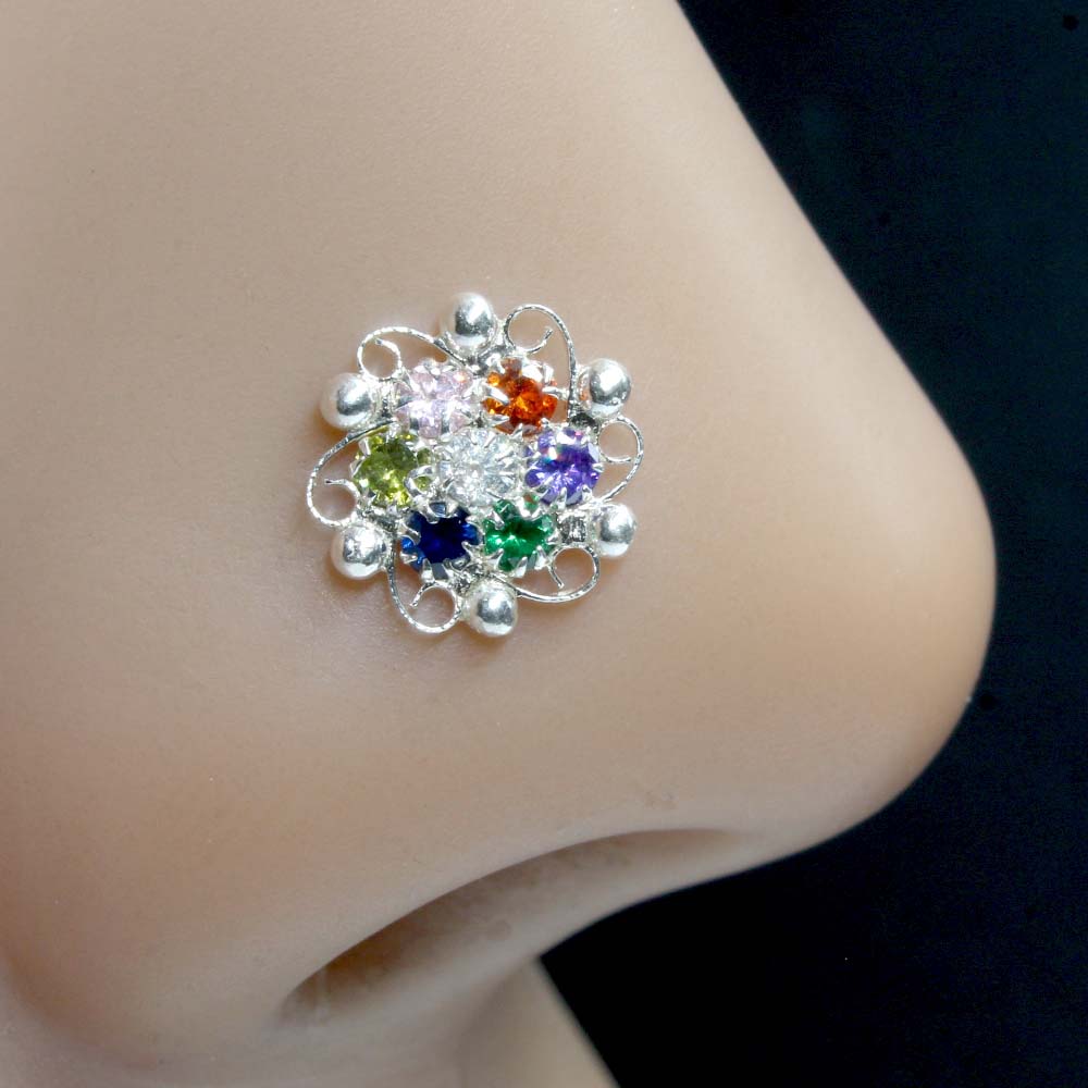 Cute Floral Real Sterling Silver Multi CZ Women Nose Stud Push Pin