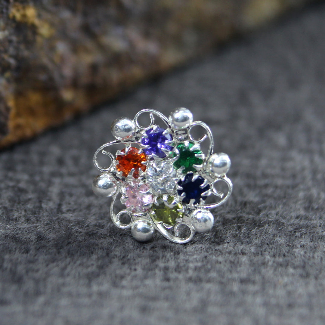 Cute Floral Real Sterling Silver Multi CZ Women Nose Stud Push Pin