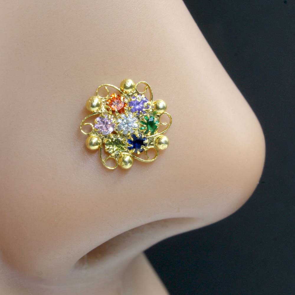 Cute Floral Real Sterling Silver Multi CZ Women Nose Stud Push Pin