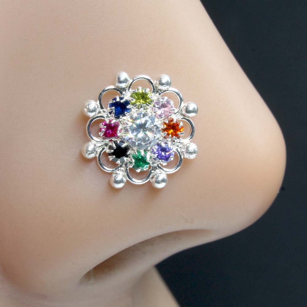 Floral Real Sterling Silver Multi CZ Women Nose Stud Push Pin