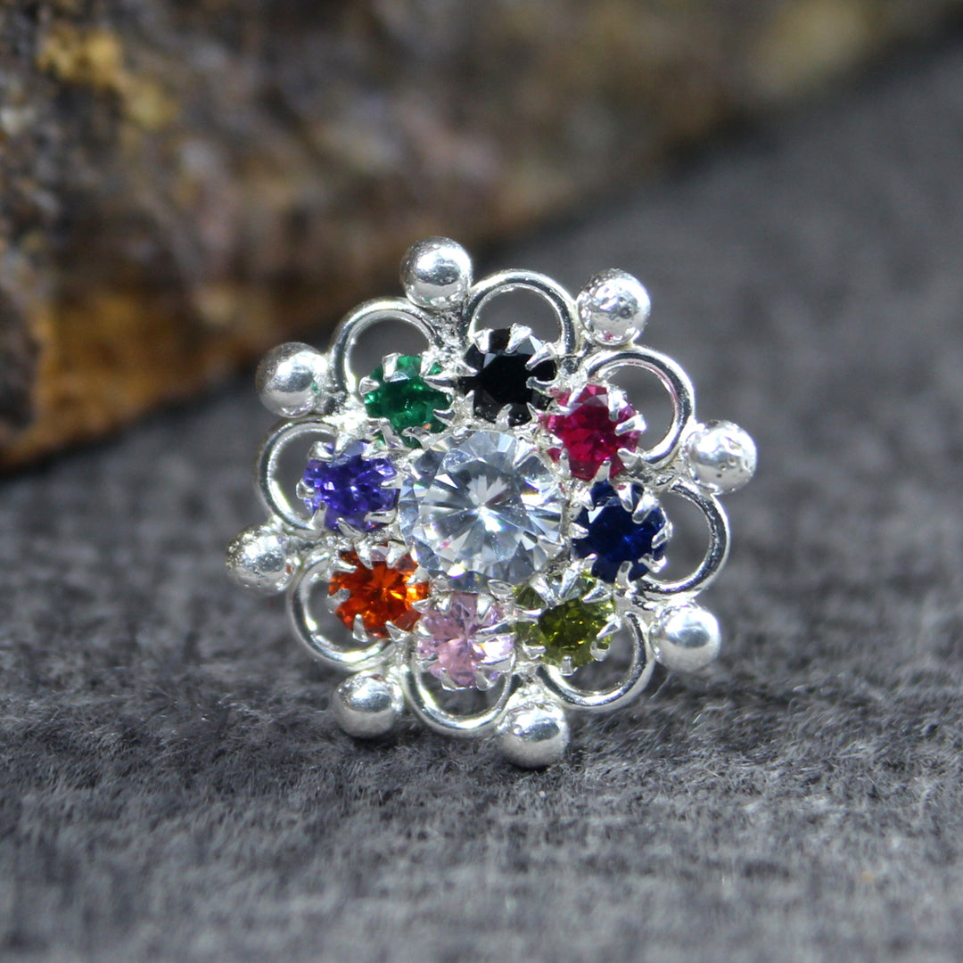 Floral Real Sterling Silver Multi CZ Women Nose Stud Push Pin