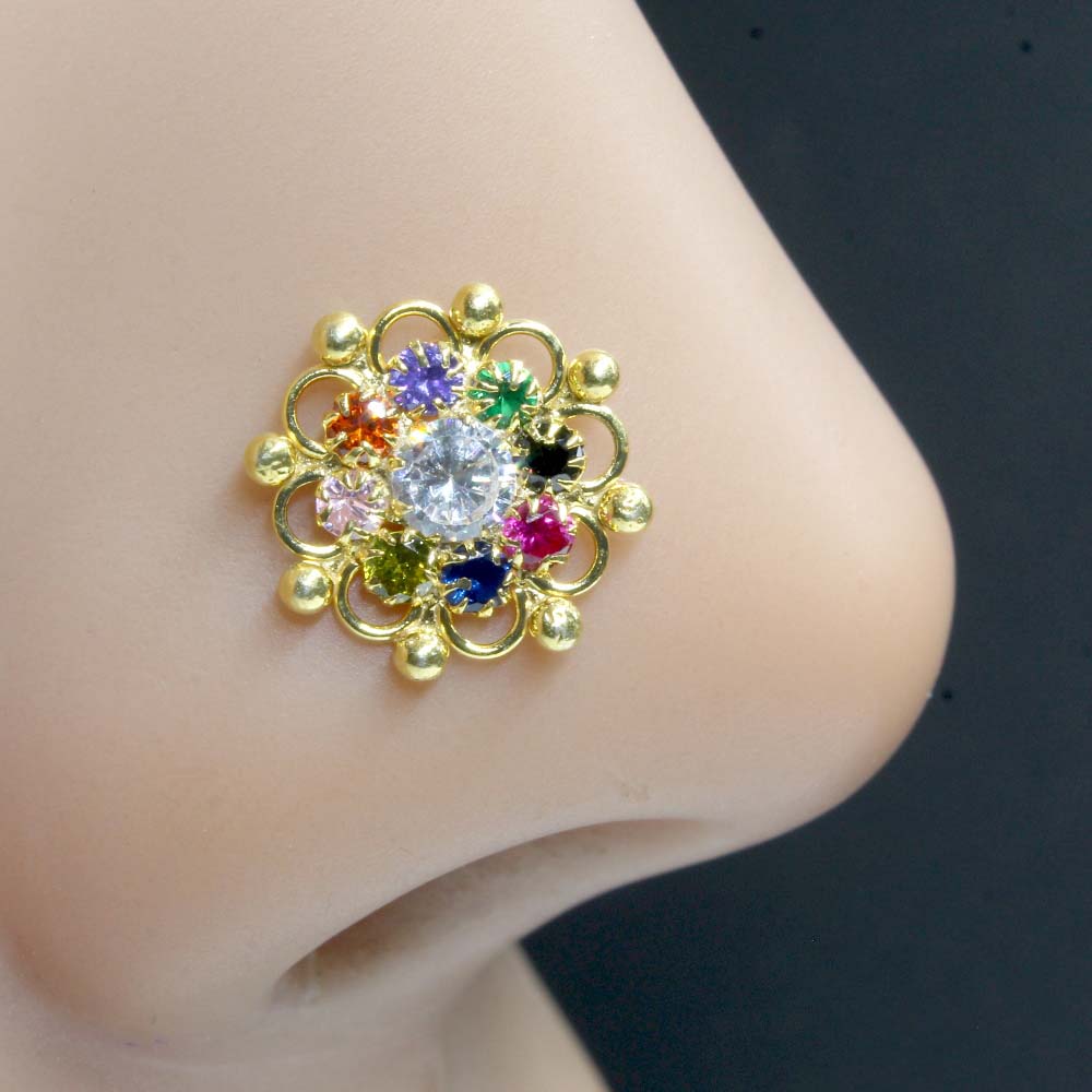 Floral Real Sterling Silver Multi CZ Women Nose Stud Push Pin