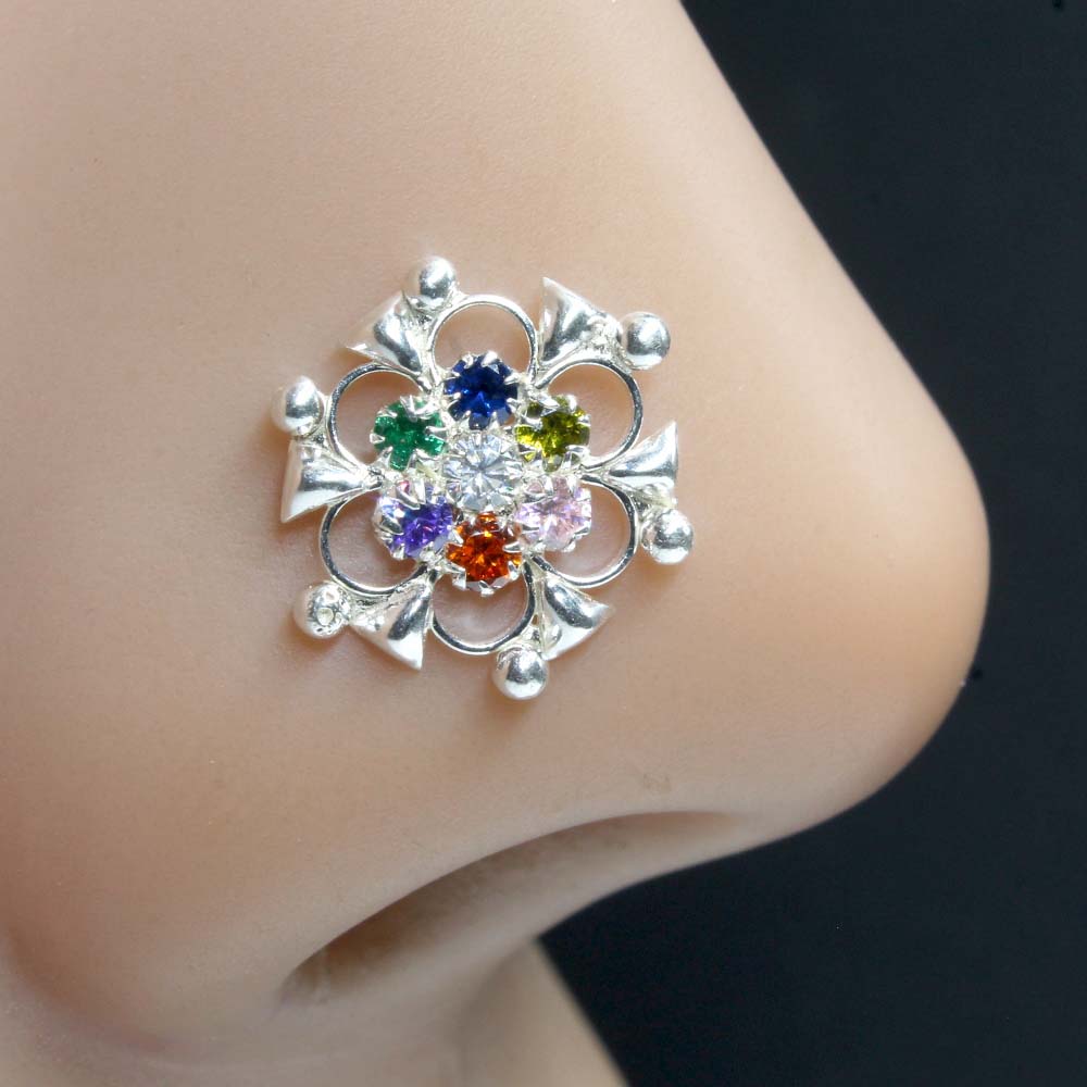 Cute Real Sterling Silver Multi CZ Women Nose Stud Push Pin