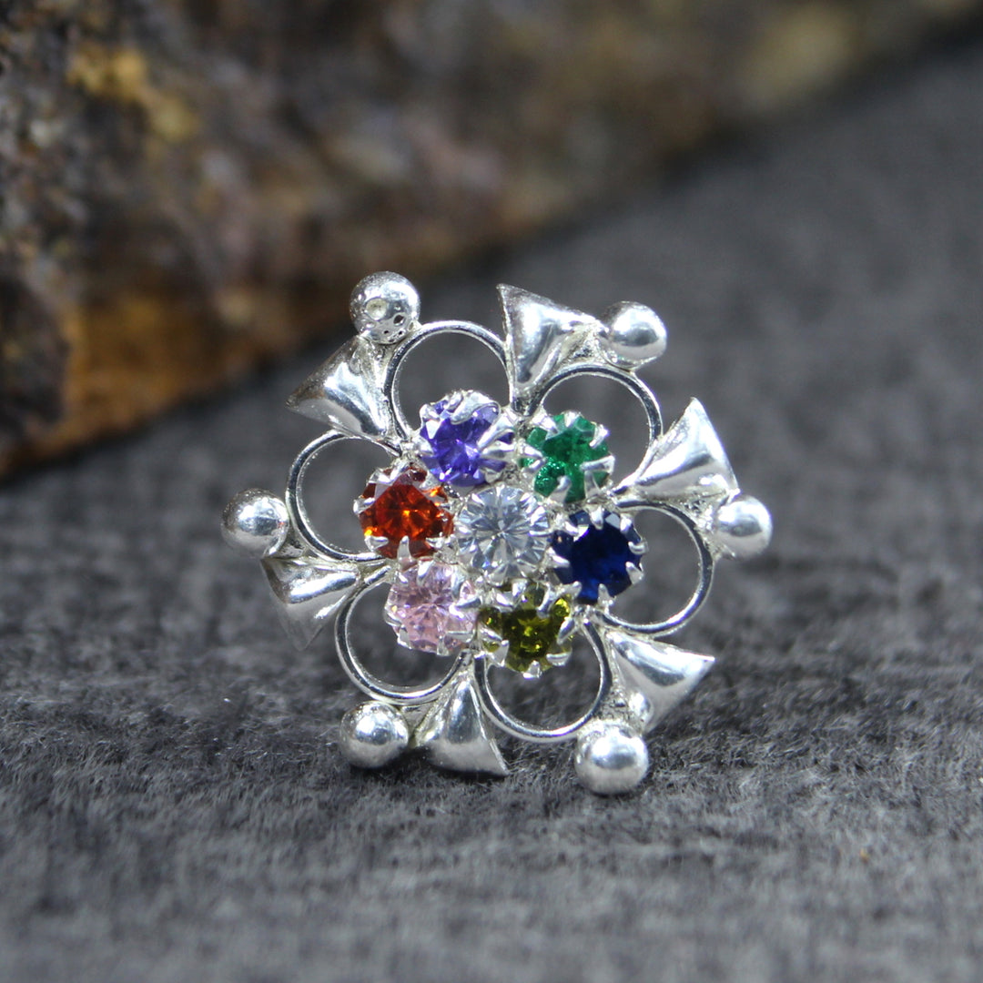 Cute Real Sterling Silver Multi CZ Women Nose Stud Push Pin