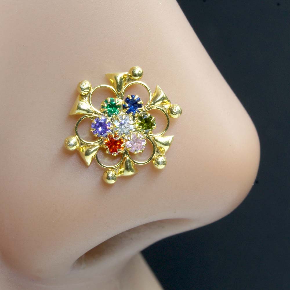 Cute Real Sterling Silver Multi CZ Women Nose Stud Push Pin