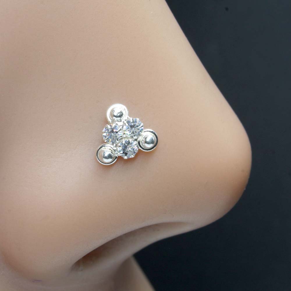 Tiny Real Silver White CZ Women Nose Stud Push Pin