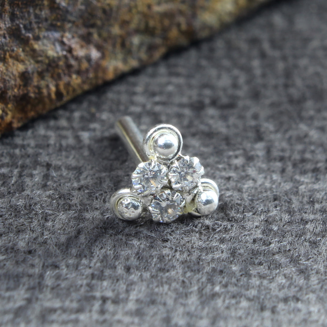 Tiny Real Silver White CZ Women Nose Stud Push Pin