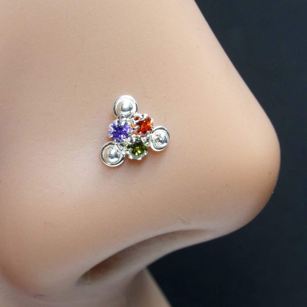 Small Real Silver Multicolor CZ Women Nose Stud Push Pin