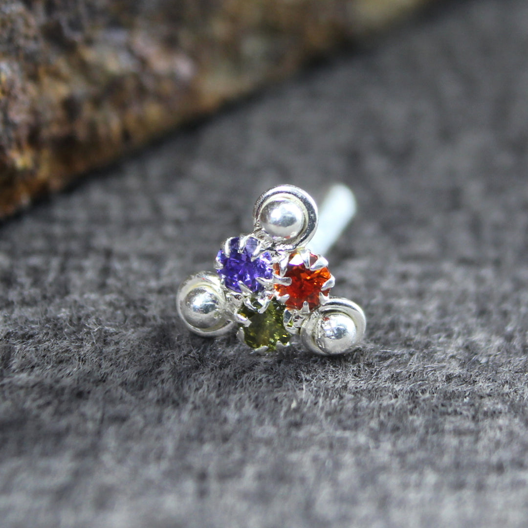 Small Real Silver Multicolor CZ Women Nose Stud Push Pin