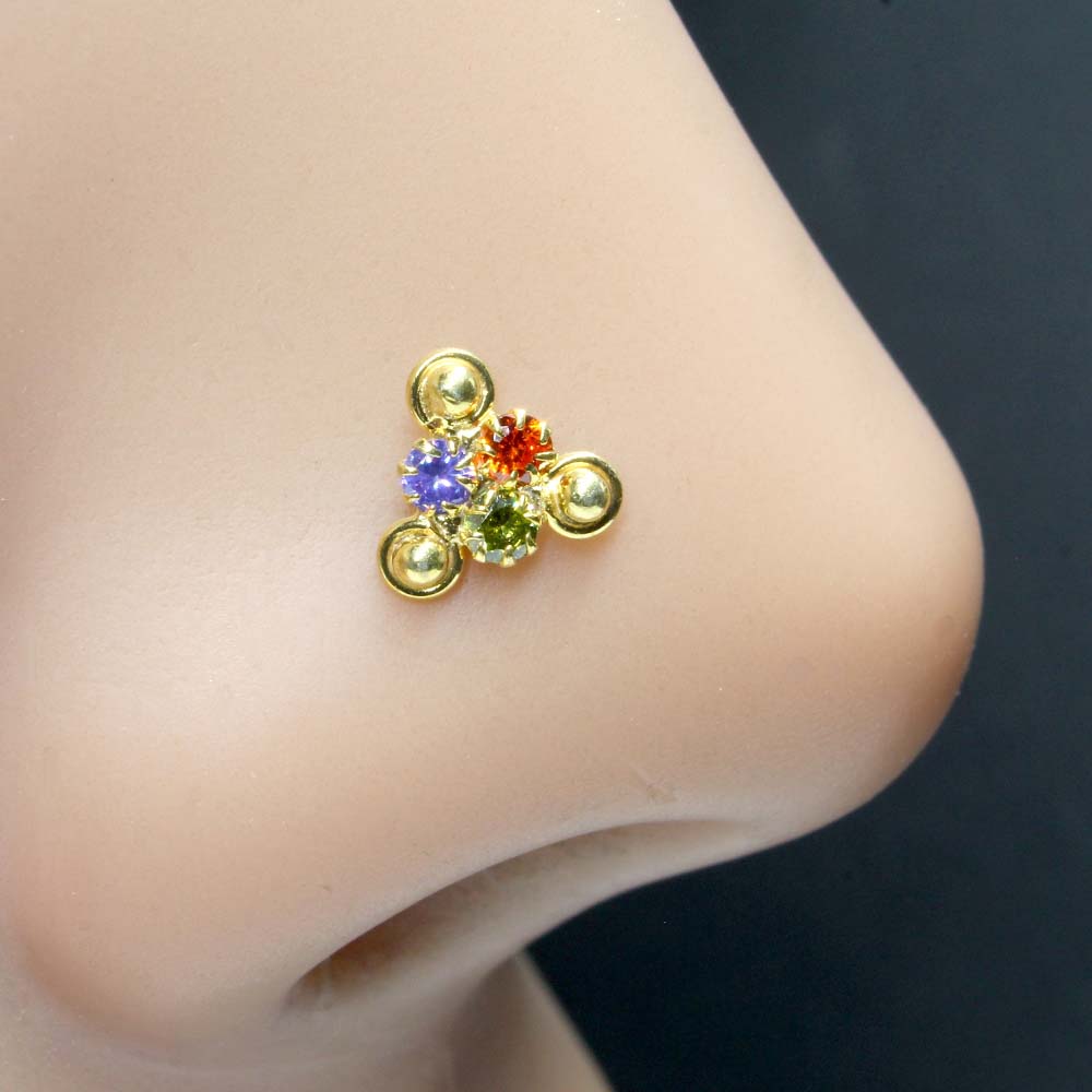 Small Real Silver Multicolor CZ Women Nose Stud Push Pin