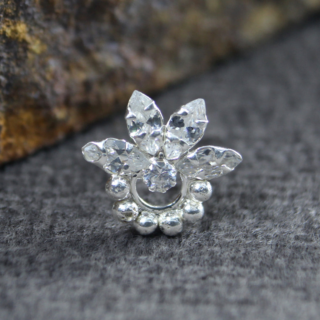 Small Vertical Style Real Silver CZ Women Nose Stud Push Pin