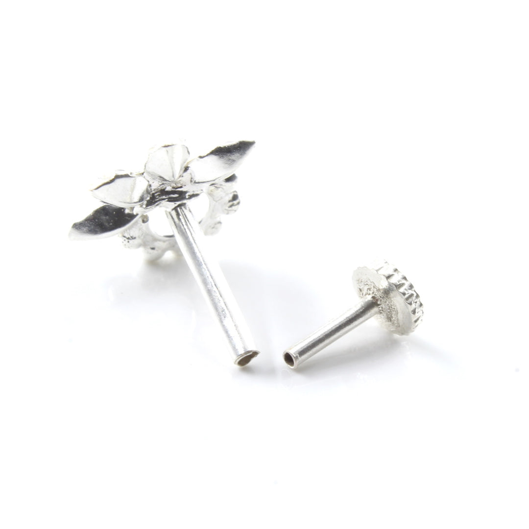 Small Vertical Style Real Silver CZ Women Nose Stud Push Pin