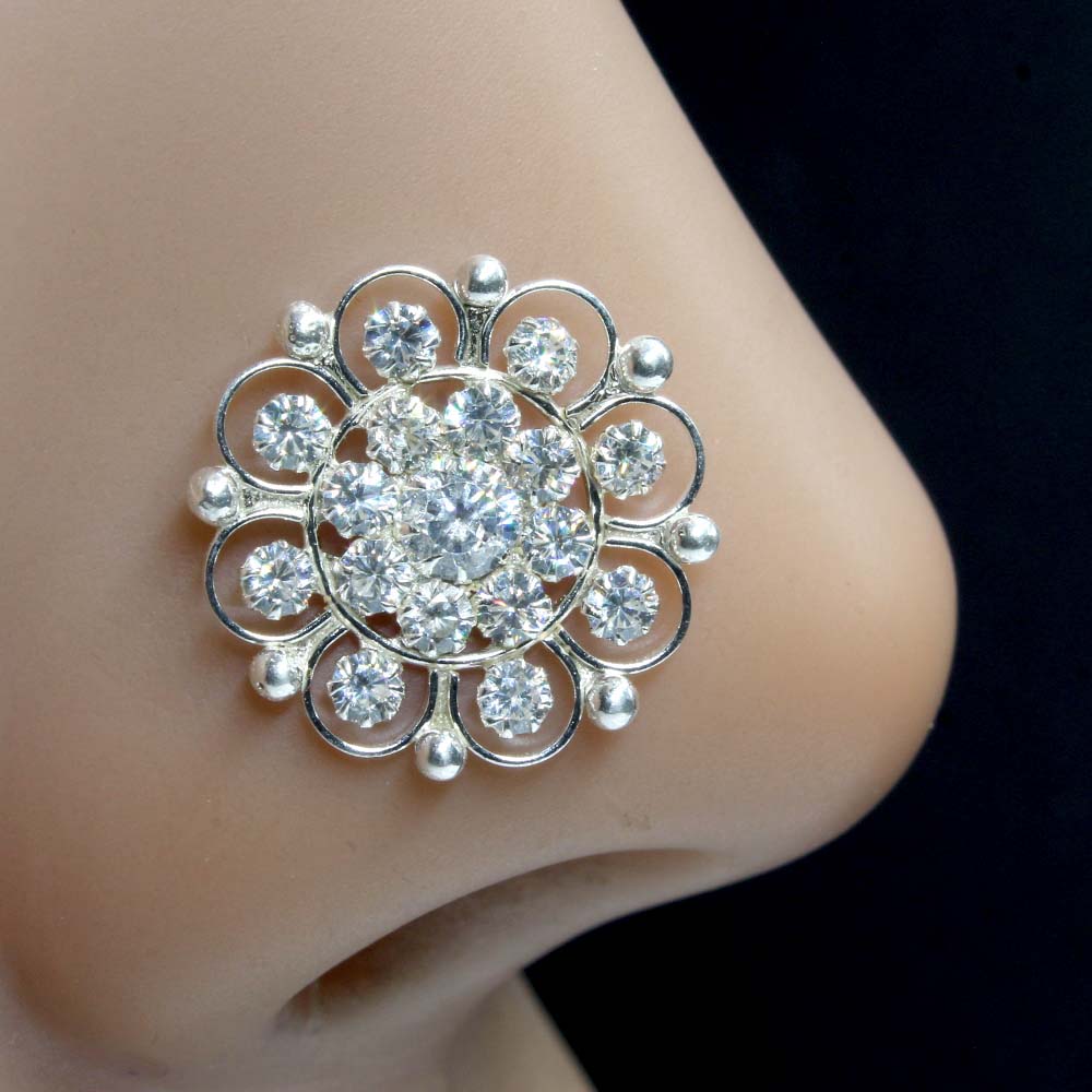 Bridal Style  Real Sterling Silver CZ Women Big Nose Stud Push Pin