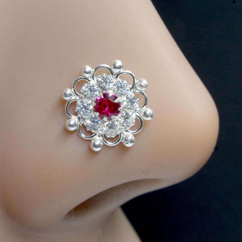 Asian Floral Real Sterling Silver CZ Women Nose Stud Push Pin