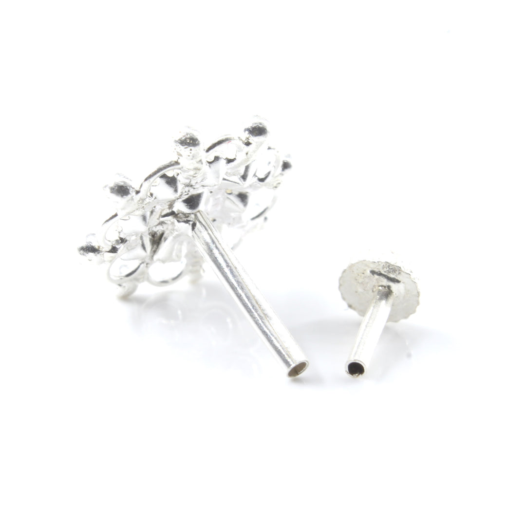 Asian Floral Real Sterling Silver CZ Women Nose Stud Push Pin