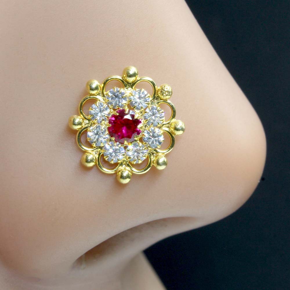 Asian Floral Real Sterling Silver CZ Women Nose Stud Push Pin