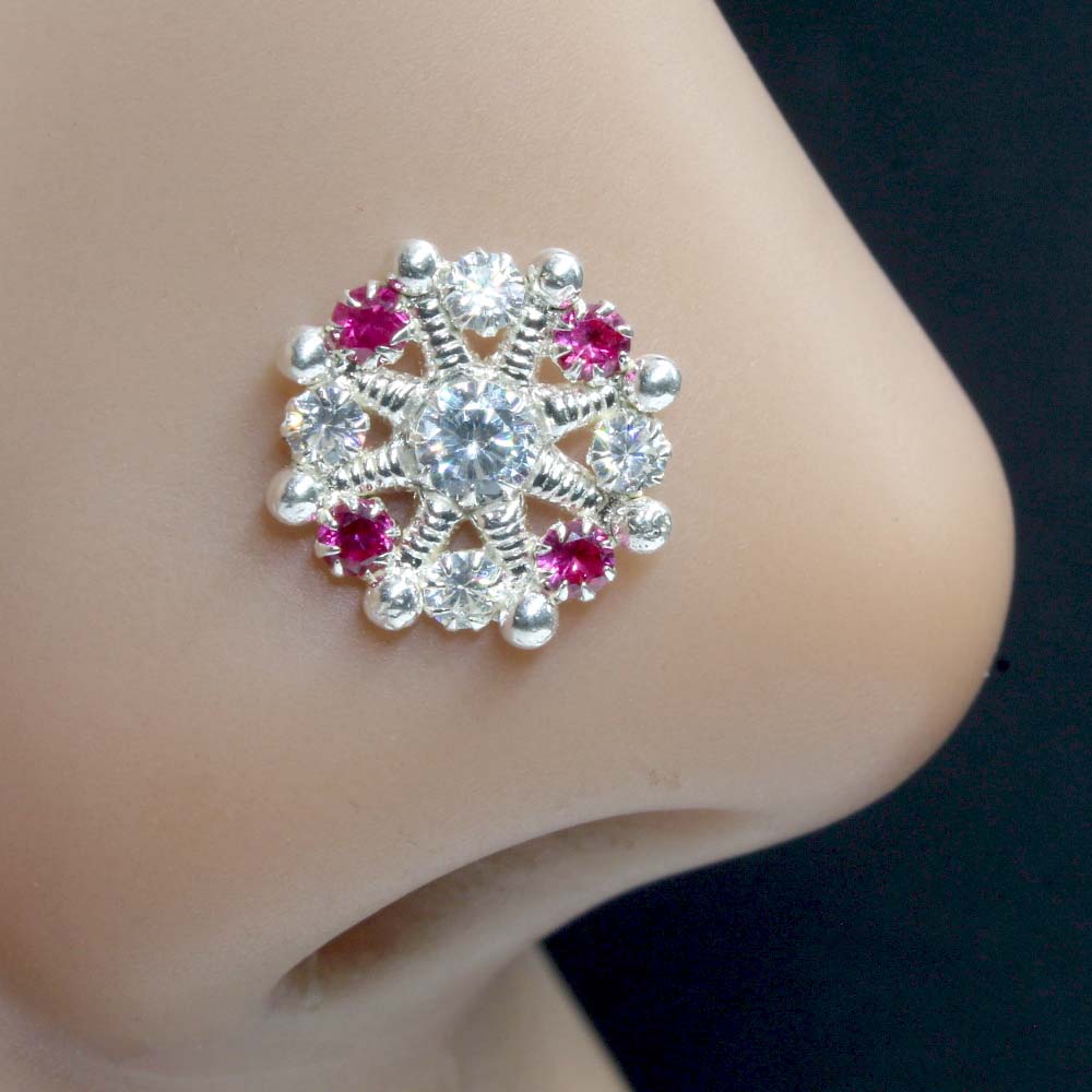 Wheel Style Real Sterling Silver CZ Women Nose Stud Push Pin