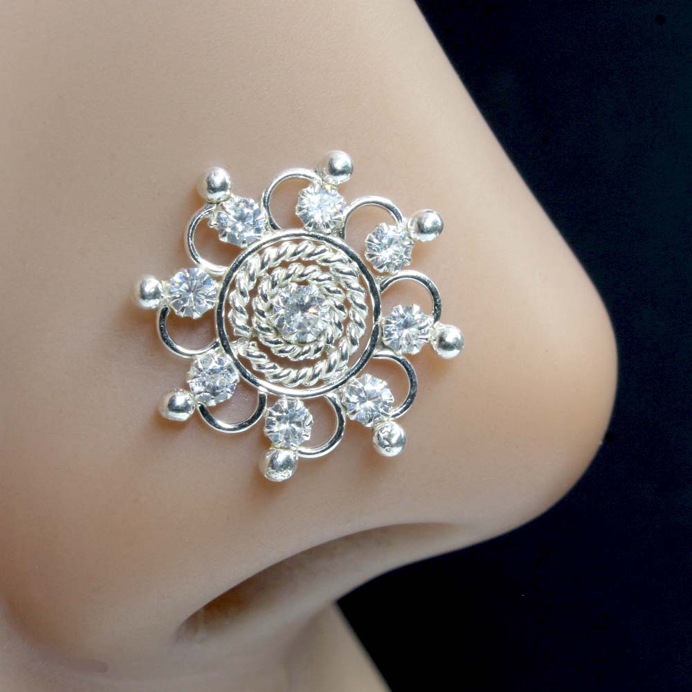 Big Wheel Style Real Sterling Silver CZ Women Nose Stud Push Pin