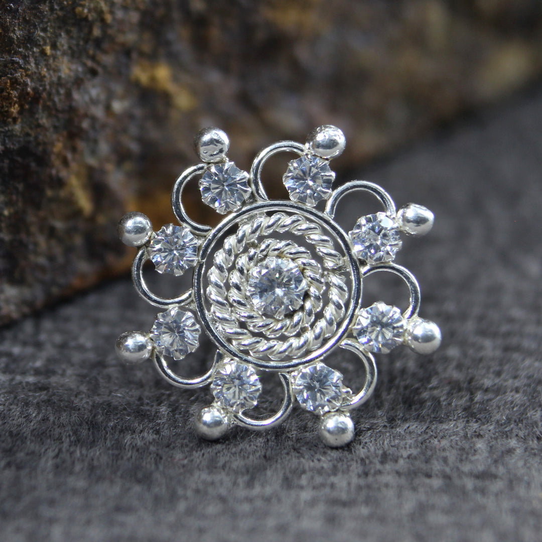 Big Wheel Style Real Sterling Silver CZ Women Nose Stud Push Pin