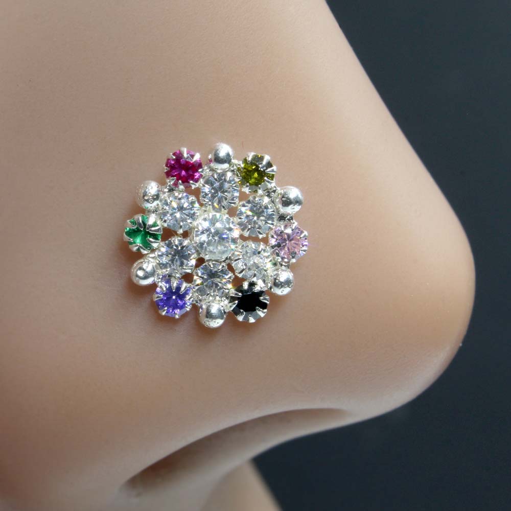 Party Wear Real Sterling Silver CZ Women Nose Stud Push Pin