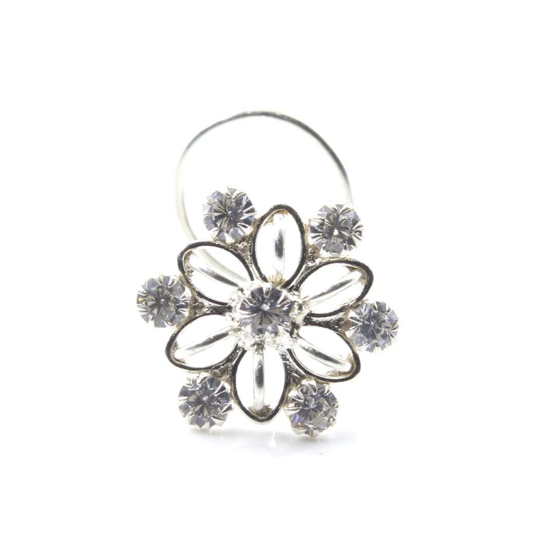 Floral design Sterling Silver White CZ Twisted nose ring 22g