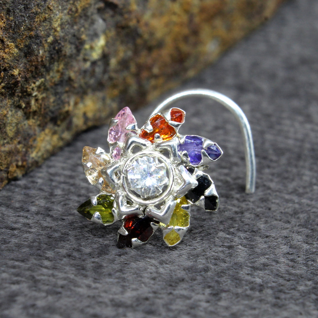 Cute Indian Real Sterling Silver Multi CZ Women Twisted nose ring 22g