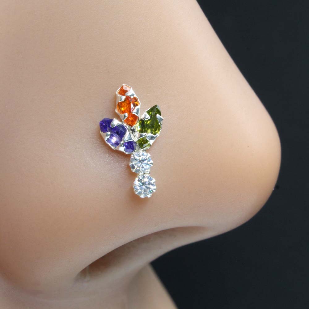 Vertical Real Sterling Silver Multi CZ Women Nose Stud Push Pin