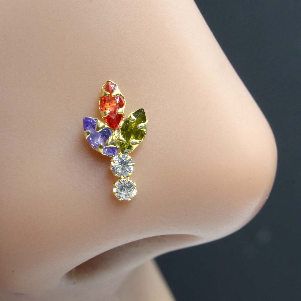 Vertical Real Sterling Silver Multi CZ Women Nose Stud Push Pin