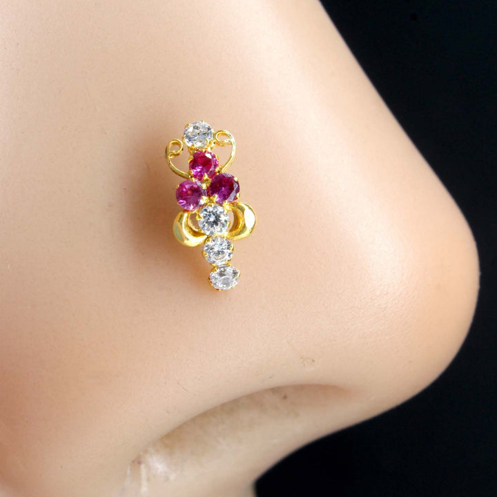 14k Real Gold Nose stud with Sparkling white & pink stones