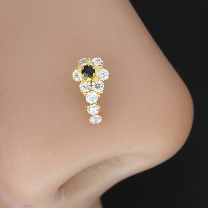 18K Real Gold Nose stud Flower Design with Single Black & white stones 